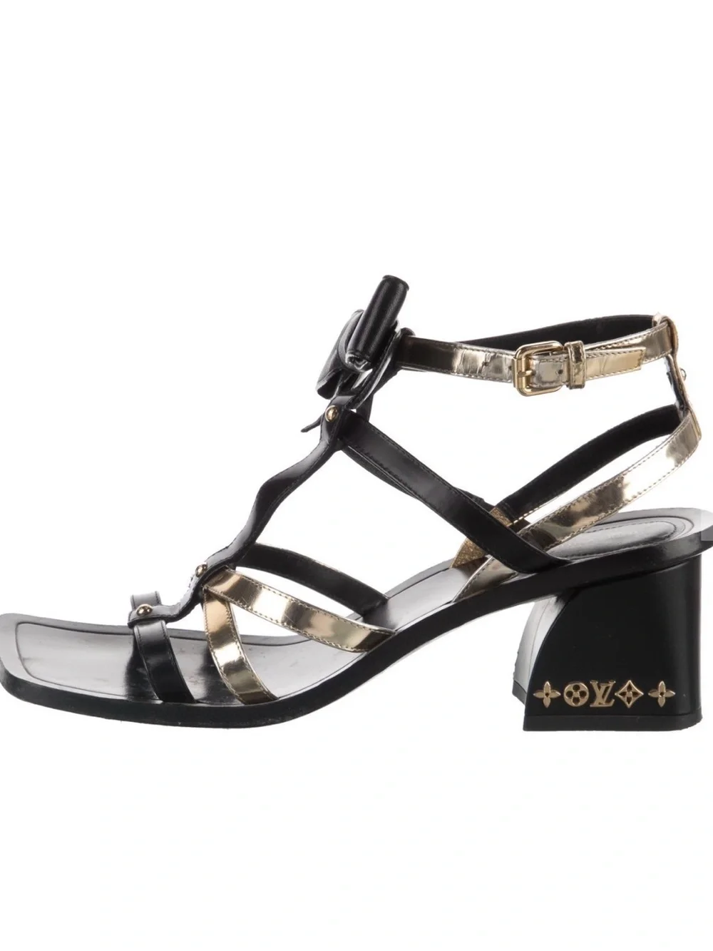 Louis Vuitton Black and Gold Bow T-Strap Block Heel Sandals